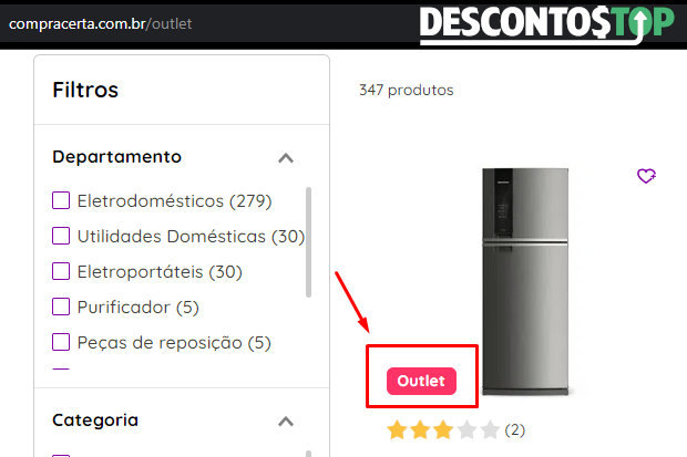 Captura de tela do site Compra certa  mostrando a notificação de produto Outlet de um produto com visão geral da página com diversos produtos