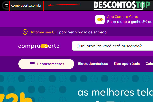 Captura de tela do site Compra certa mostrando o endereço do site.