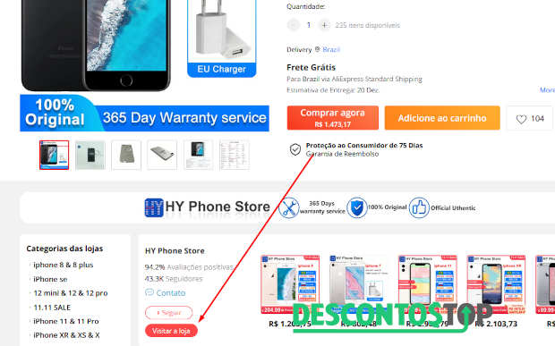 Reprodução de página de produto no AliExpress com seta indicando o botão com link para página de vendedor