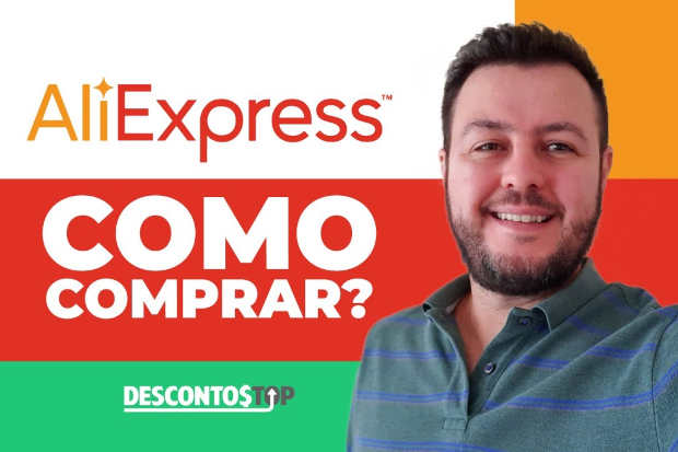 Texto como comprar no AliExpress ao lado de imagem de homem