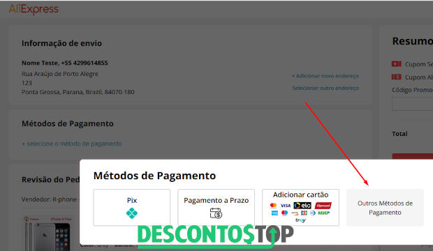 Captura de tela do AliExpress na qual é possível selecionar o pagamento por boleto
