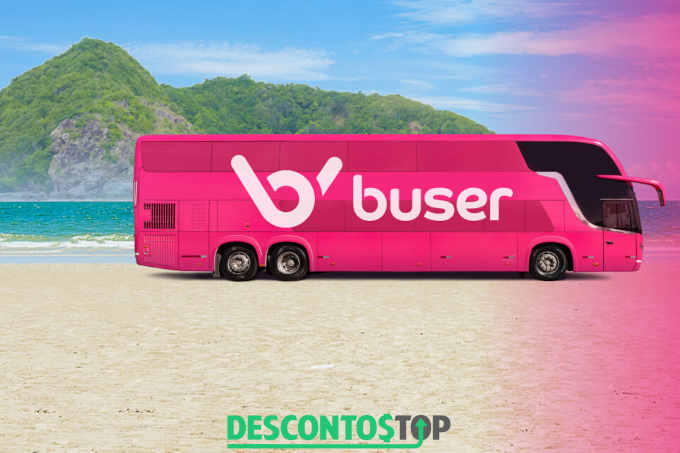 ônibus da buser em uma paisagem de praia com montanhas ao fundo