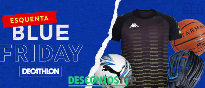 Produtos esportivos vendidos pela Decathlon e texto blue friday