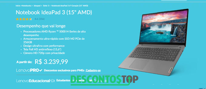 cupom desconto - captura de tela site Lenovo, notebook IdealPad