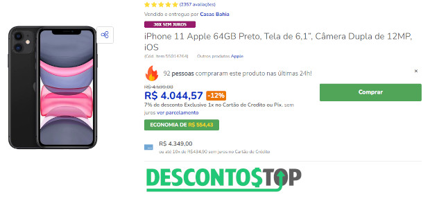captura de tela site Casas Bahia com Iphone