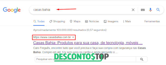 URL das Casa Bahia no Google