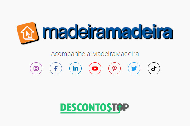 Captura de tela do site Madeira Madeira, onde fica a imagem das logos das redes sociais onde a loja se encontra. Além disso também mostra a logo da loja.