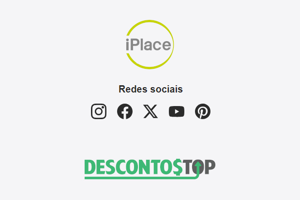 Captura de tela do site iPlace com o recorte das logos das redes sociais onde a empresa se encontra, o logo da iPlace e do Descontos Top