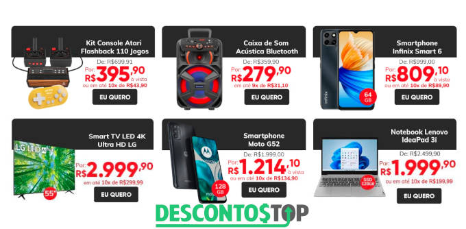 captura de tela site casa e vídeo com seleção de produtos em promoção