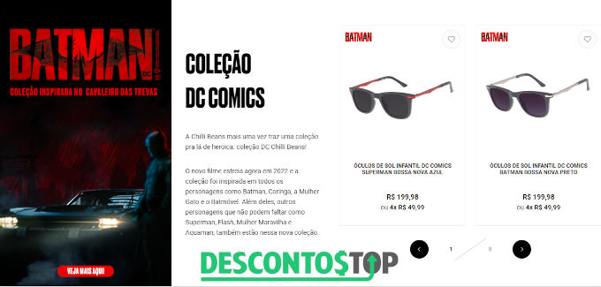 captura tela site chilli beans com alguns óculos da coleção batman