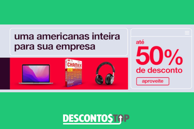 banner promocional americnas empresas com notebook, folha branca e fone de ouvido em promoção