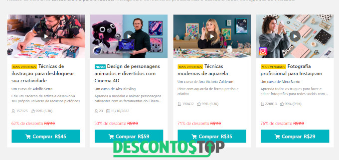 alguns cursos oferecidos no site domestika na sua página inicial