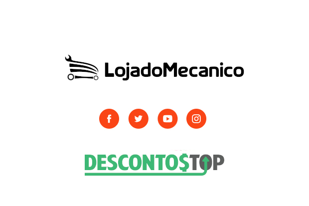 Captura de tela do site Loja do Mecânico, onde fica a imagem das logos das redes sociais onde a loja se encontra. Além disso também mostra a logo da loja.