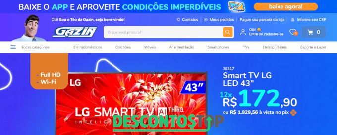 Captura de tela da página inicial do site Gazin, com o banner mostrando uma TV como produto em destaque.