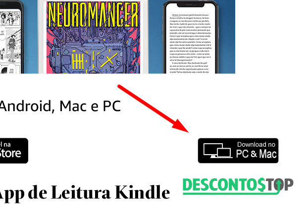 Captura de tela do site Amazon, com o indicativo para o botão de download do App Kindle para PC