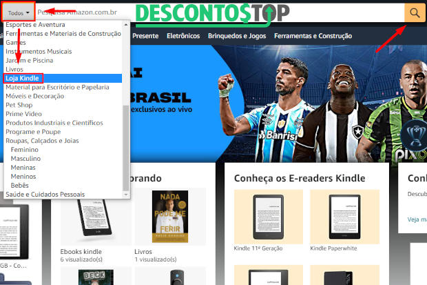 Captura de tela do site Amazon, com o indicativo da aba Kindle store e o botão de pesquisar