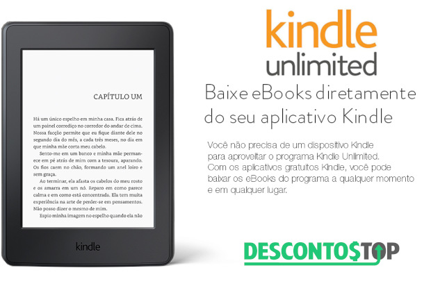 Captura de tela de um texto informativo sobre o kindle, retirado do site Amazon, e aplicado a logo do Kindle Unlimited