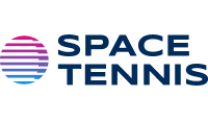 Logo Space Tennis com escrita na cor azul e a esquerda há um círculo em degrade do rosa para o azul