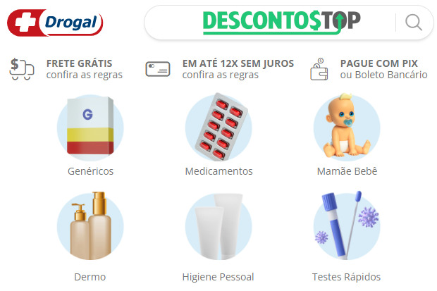 Captura de tela do site Drogal, com algumas edições. Mostra a logo, a barra de pesquisa e as principais categorias de produtos do site.
