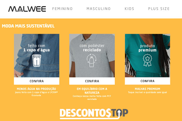 Captura de tela do site Malwee. Mostrando as características dos produtos serem sustentáveis, com uma edição para aparecer o cabeçalho com a logo e algumas abas de roupas do site.