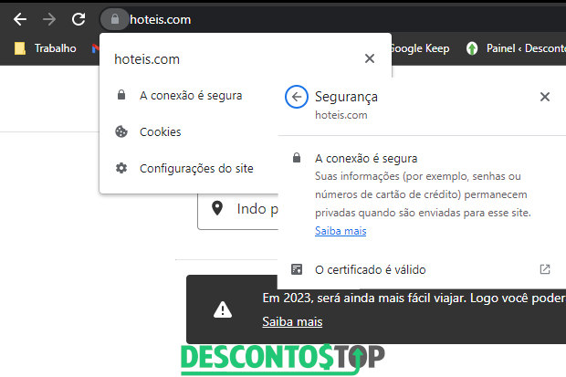 Captura de telado site hHoteis.com, demonstrando os ícones de segurança: o cadeado e a validade do certificado