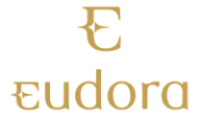 Logo da Eudora na cor dourada com um E maiúsculo acima da palavra Eudora