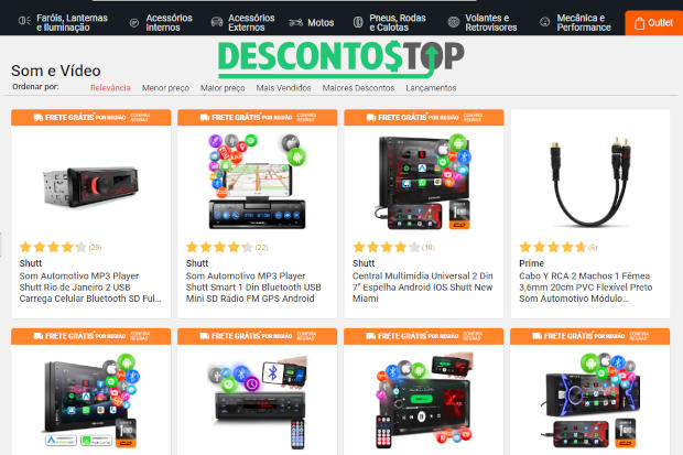 Captura de tela do site Connect Parts, mostrando produtos da categoria audio e vídeo.