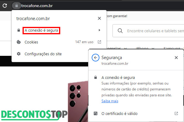 Captura de telado site Trocafone, demonstrando os ícones de segurança: o cadeado e a validade do certificado