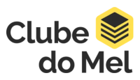 logo clube do mel com tudo escrito em preto e a ilustração de um cubo amarelo com listras pretas