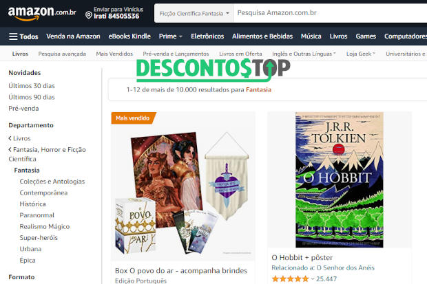 Captura de tela do site Amazon, na seção dedicada para livros.