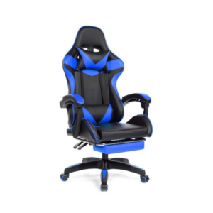 imagem ilustrativa Cadeira Gamer Prizi PZ1006E, até 120kg, Couro sintético de PU, Ângulo ajustável, Descanso de pé, com Almofadas para Pescoço e Lombar, Azul