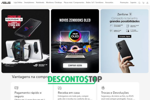 Captura de tela do site Asus, com alguns produtos em demonstração.