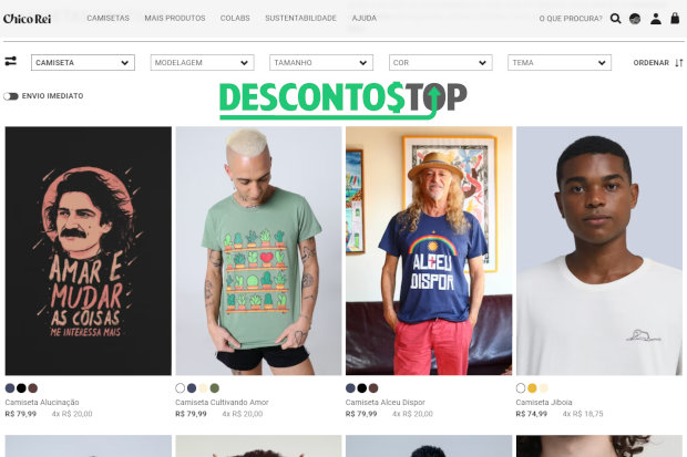 captura de tela da pagina de camisetas estampadas do site Chico Rei