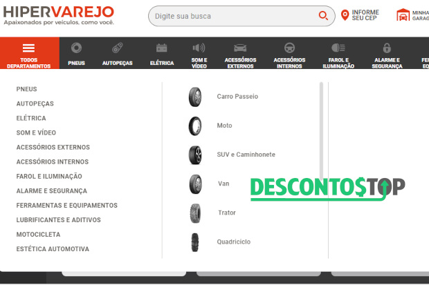 Captura de tela do site Hipervarejo, fazendo a demonstração das categorias de produto.