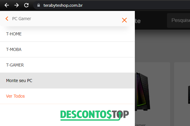 Captura de tela do site Terabyteshop, com a demonstração da aba 