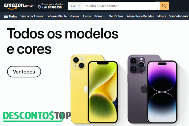 Captura de tela do site Amazon. A imagem mostra o banner sobre a variedade de morelos e cores do iPhone no site. Banner levemente modificado para caber no mesmo quadro.