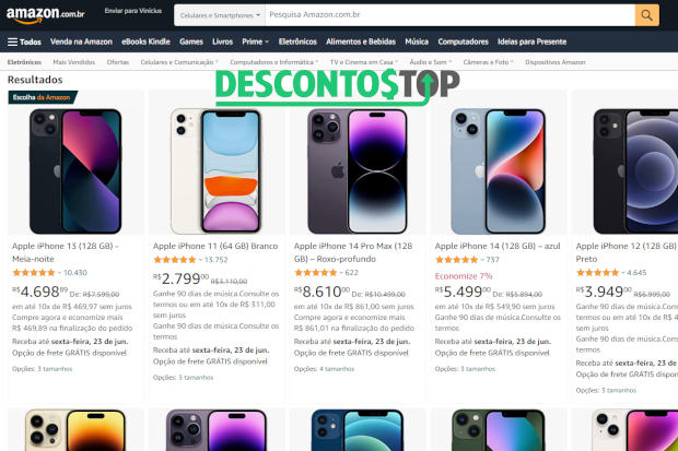 Captura de tela do site Amazon, com vários modelos do aparelho da Apple em exibição como resultado da pesquisa no site.
