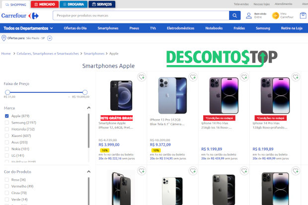 Captura de tela do site Carrefour, com vários modelos do aparelho da Apple em destaque