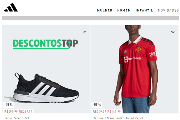 Captura de tela do site Adidas, com os dois primeiros produtos da página 
