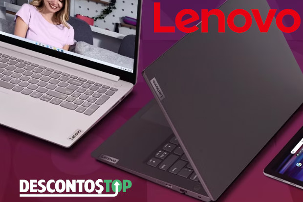 Captura de tela de um banner do site Lenovo, com alguns produtos em destaque