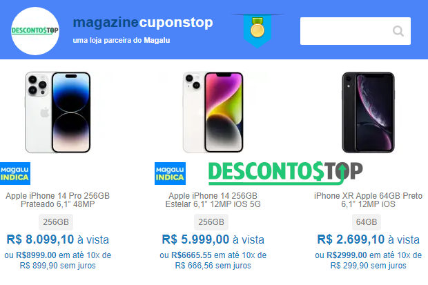 Captura de tela do site de parceria entre Descontos Top e Magazine Luiza, mostrando dois iPhones da loja