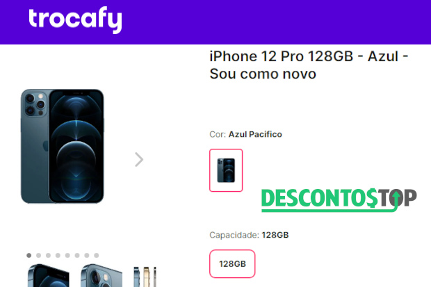 Captura de tela do site Trocafy. Na imagem podemos ver a página de um produto, em específico, um iPhone