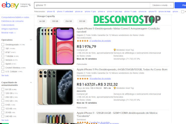 Captura de tela do site eBay, nela podemos ver diversos iPhones