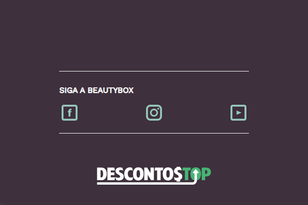 Captura de tela do rodapé do site da Beauty Box, mostra as logos das redes sociais que a marca se encontra