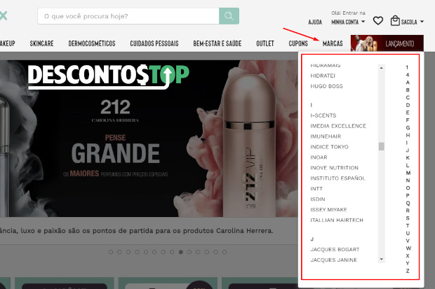 Captura de tela do site Beauty Box mostrando a lista com as marcas parceiras contidas no site