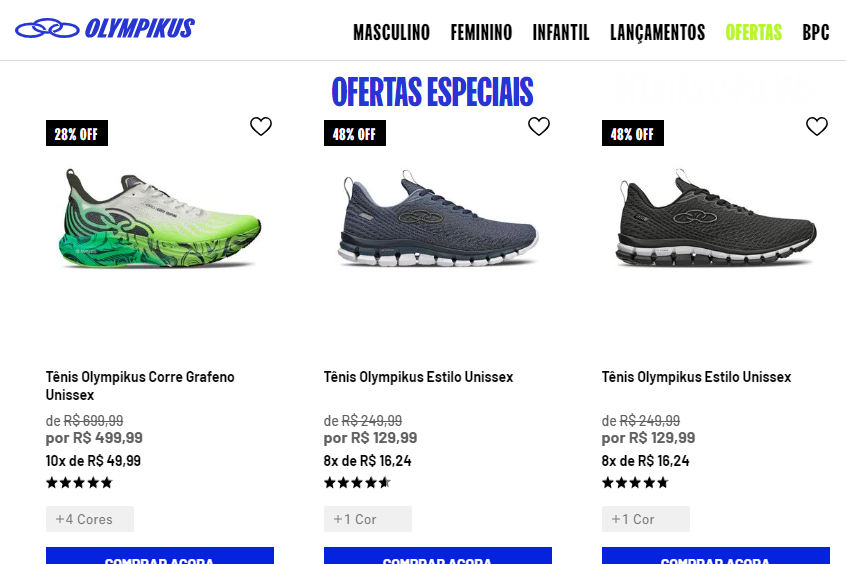 Captura de tela do site da Olympikus, mostrando alguns produtos