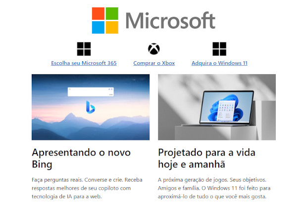 Captura de tela do site da Microsoft, na página inicial, mostrando alguns posts informativos