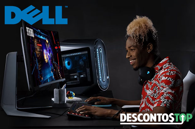 Captura de tela do site Dell em seu banner inicial, demonstrando uma pessoa usando um Alienware, marca de computadores que a Dell é subsidiária