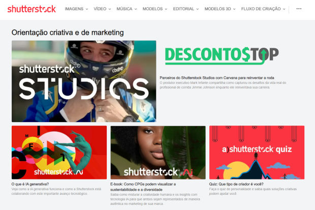 Captura de tela da página inicial do site Shutterstock, mais perto do rodapé