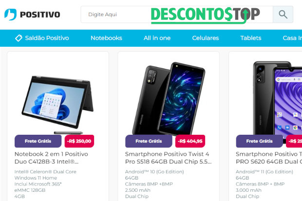 Captura de tela com alguns produtos que estão em destaque na página inicial do site Positivo.